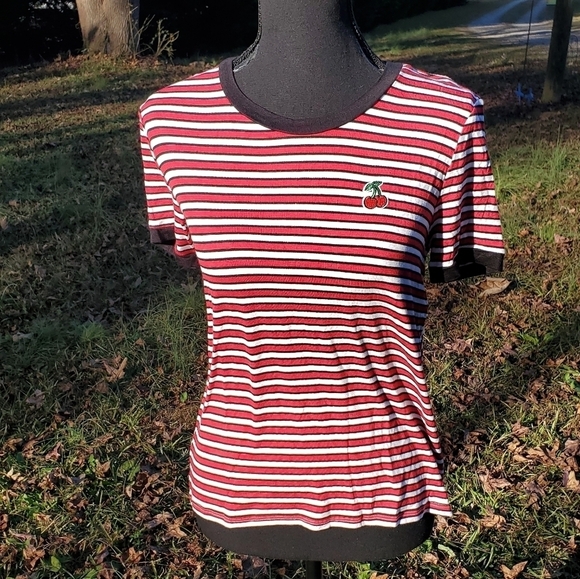 NWT Red & white striped short sleeve tee with black trim & cherries NEW small - Picture 2 of 6